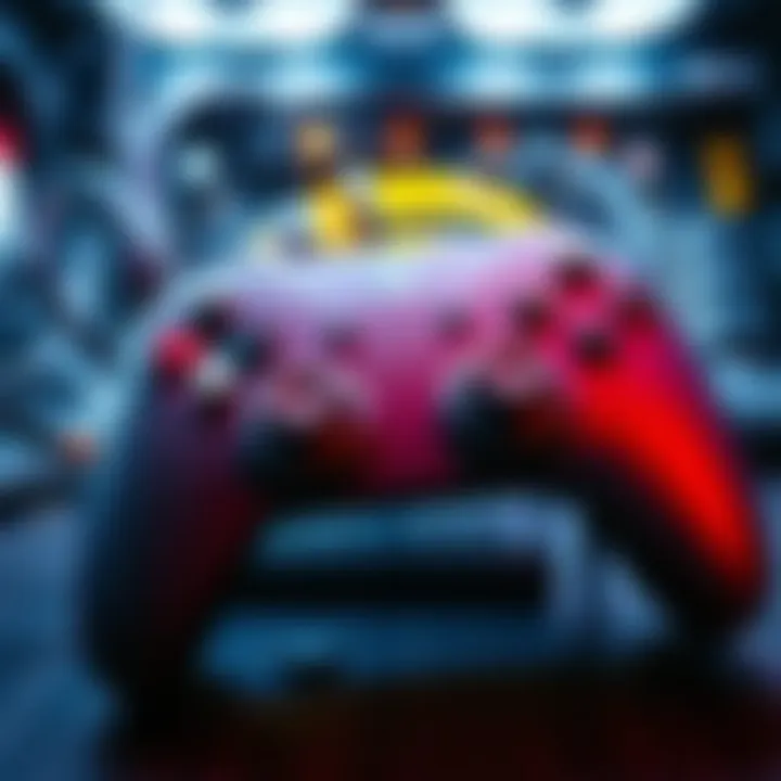 A close-up of Valve's Steam Machine Controller with a sleek design, highlighting buttons and joysticks, set against a background of computer components.