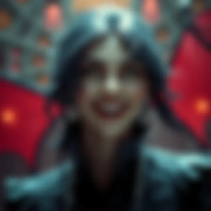 Vampire Moira, a charming character with a playful expression and captivating eyes, surrounded by a mystical ambiance