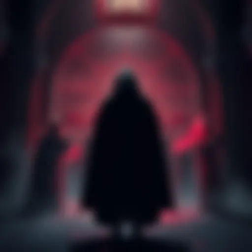 A person in a dark cloak standing with a group of vampires in a gothic setting