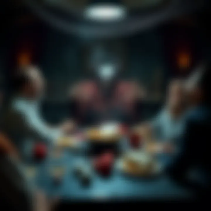 A tabletop RPG scene where a vampire lord is trapped in a magical forcecage, players around the table laughing in surprise, with dice scattered and snacks nearby.