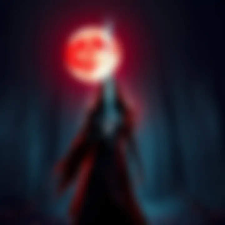 A vampire spawn character stands in a dark forest, torn between a menacing aura and a look of inner conflict, holding a sword and glancing at a blood-red moon.