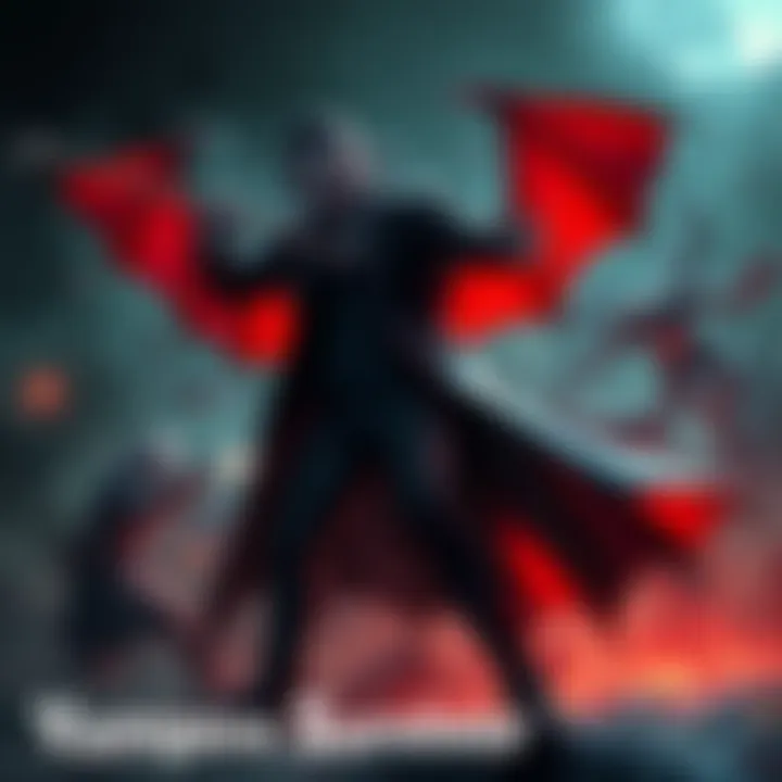 Illustration of a vampire character in action, battling enemies in a dark, atmospheric setting, with a focus on engaging gameplay elements.