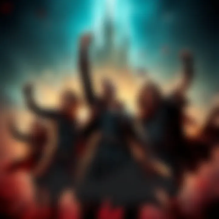 A scene showing the heroes celebrating after finishing the Castlevania DLC in Vampire Survivors, with excitement and joy visible on their faces.