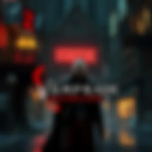 A dark and eerie scene featuring a vampire character in a urban setting with Gothic architecture, hinting at adventure and mystery in the game