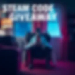 A promotional graphic featuring a vampire therapist sitting in a cozy office with a game controller in hand, inviting players to comment on their last game for a chance to win a Steam code.