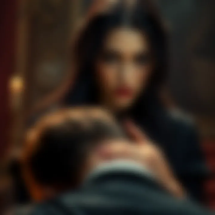 Lenore, a dark-haired vampire, stares intensely as she stands over a shadowy figure, representing her control over Isaac. Her expression reflects a blend of power and despair.