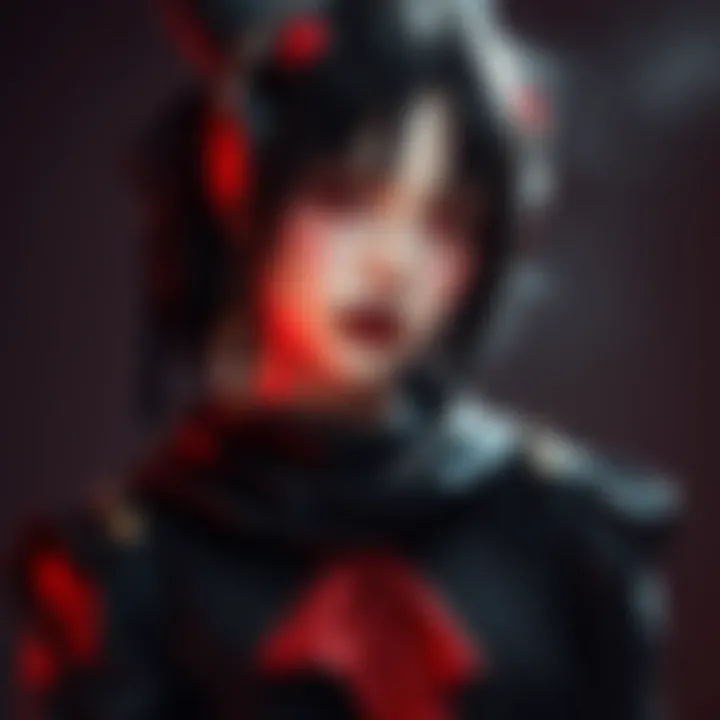 A model showcasing a blend of vampire and yandere fashion, featuring dark clothing, bold accessories, and striking makeup.