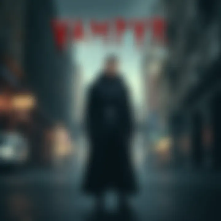 A vampire character standing in a shadowy street of post-World War I London, showcasing a blend of gothic architecture and a somber atmosphere.