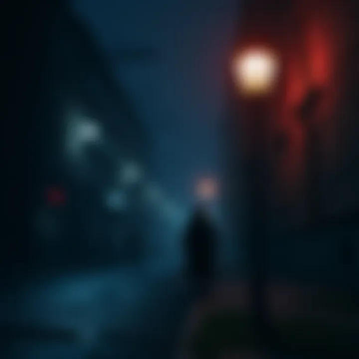 An atmospheric scene from the Vampyr game showing a dark city street with a mysterious character lurking under a streetlamp.