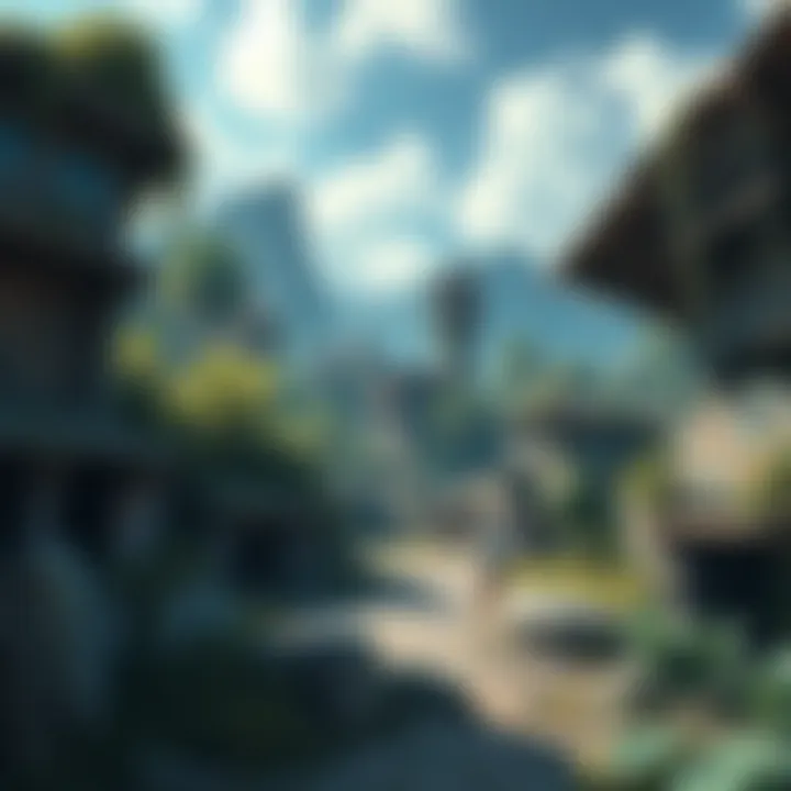 A view of Vanaheim's abandoned village with crumbling buildings and overgrown plants.