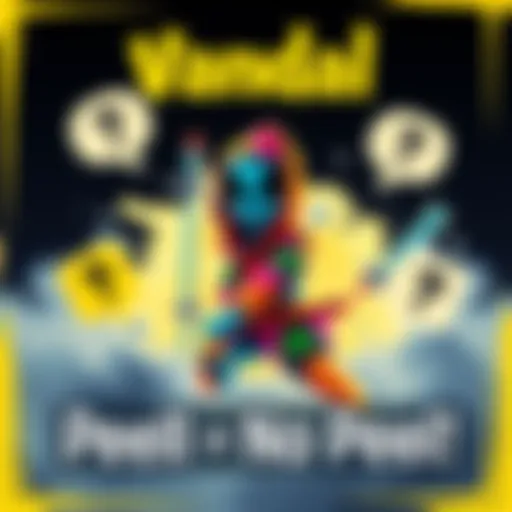 A vandal character with a colorful peel on its body, showcasing a lively design, surrounded by debate icons like speech bubbles and question marks.