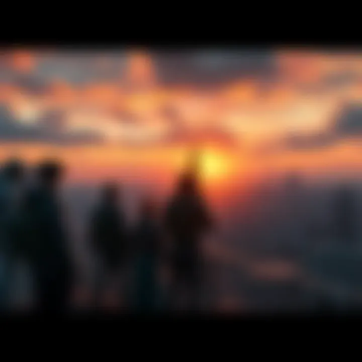 Vanguard leaders stand on a balcony, looking over the Last City during sunset, highlighting power dynamics and the atmosphere of the city.
