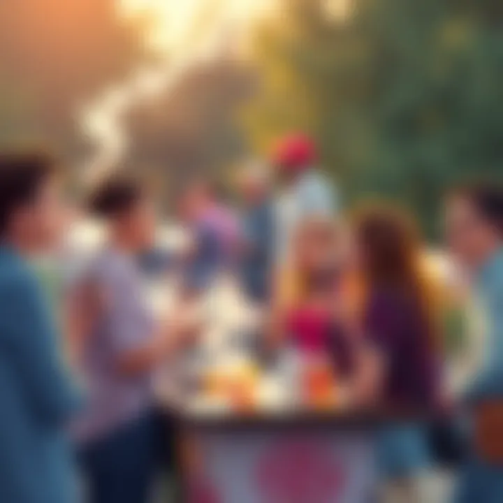 A group of young people gathered outdoors, casually vaping and chatting, with clouds of vapor in the air, showcasing the social aspect of vaping culture.