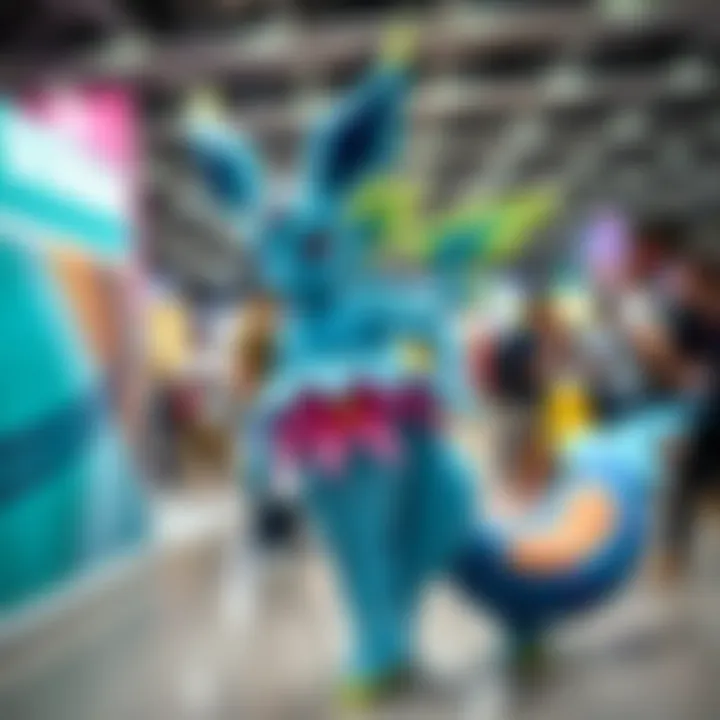 A person dressed as Vaporeon, showcasing a colorful costume with fins and a watery theme, standing in a playful pose at a convention.