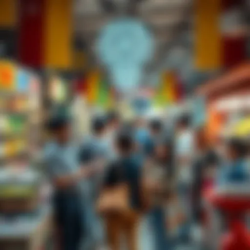 A diverse group of people exploring different options in a marketplace setting, showcasing a range of innovative products and services