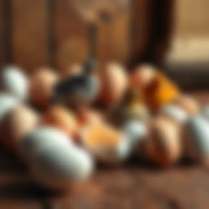 A collection of different types of eggs including chicken, quail, and duck eggs arranged on a wooden table