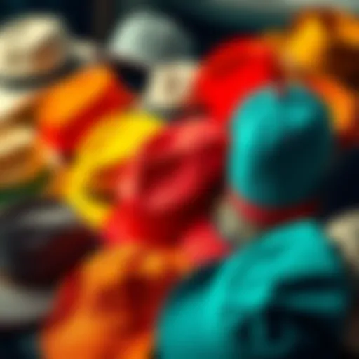 A colorful collection of different hats including a baseball cap, a top hat, and a sun hat displayed together