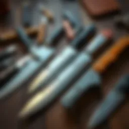 A collection of various knives including chefs, pocket, and tactical knives arranged on a wooden table.