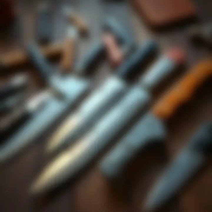 A collection of various knives including chefs, pocket, and tactical knives arranged on a wooden table.