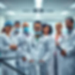 A group of diverse medical doctors in a hospital setting, representing different specialties, including a surgeon, a pediatrician, and a general practitioner, collaborating to provide patient care.