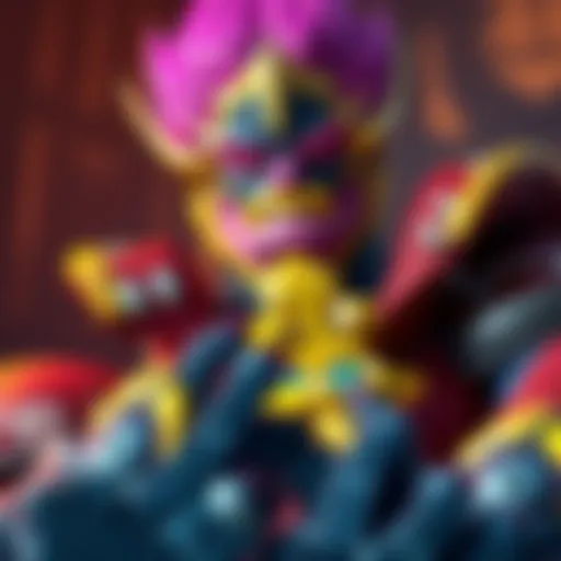 A creative Warframe character styled like Majin Buu with vibrant colors and unique features, showcasing the Vauban heirloom in a dynamic pose.