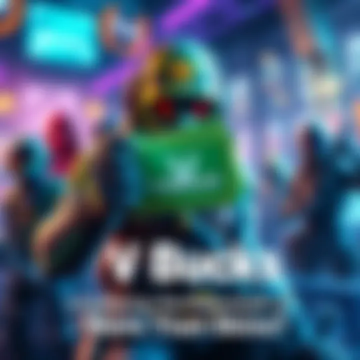 V Bucks in gaming A character in a colorful game environment holding V Bucks with various items in the background, including skins and potential new features.