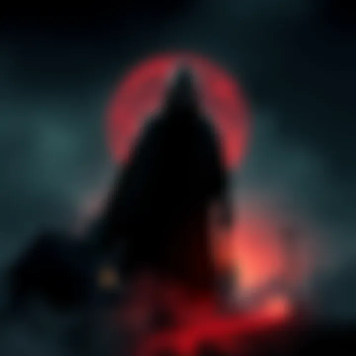 A shadowy figure with distorted features, wearing a dark cloak, representing the Vecna Killer phenomenon looming over a small community at night.
