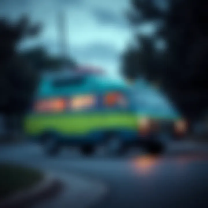A colorful van that looks like the Mystery Machine from the animated series, parked on a street, surrounded by trees