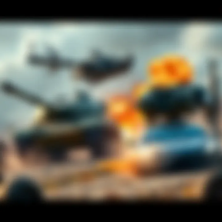 A tank, car, and mech in a battlefield scene, showcasing intense action and destruction in a first-person shooter game.