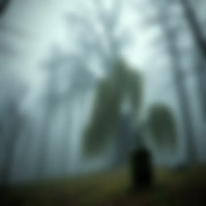 A foggy forest scene with a large willow tree and a disturbed grave in the foreground