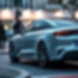 A Velcuz car shows a small dent on the side after a parking mishap in Switzerland, with bystanders observing the incident.
