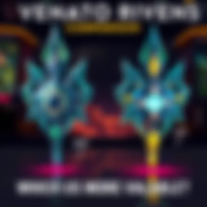 Two types of Venato Rivens shown side by side with stats on crit and status effects, against a gaming background.