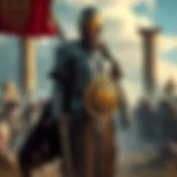 Venca stands proudly in a medieval setting, showcasing a golden emblem that signifies their title as the first. A backdrop of ancient ruins adds depth to the scene.