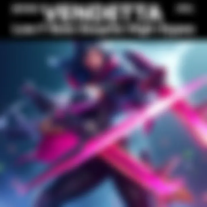 A powerful character named Vendetta, showcasing her striking design and melee weapons, set against a dynamic background.