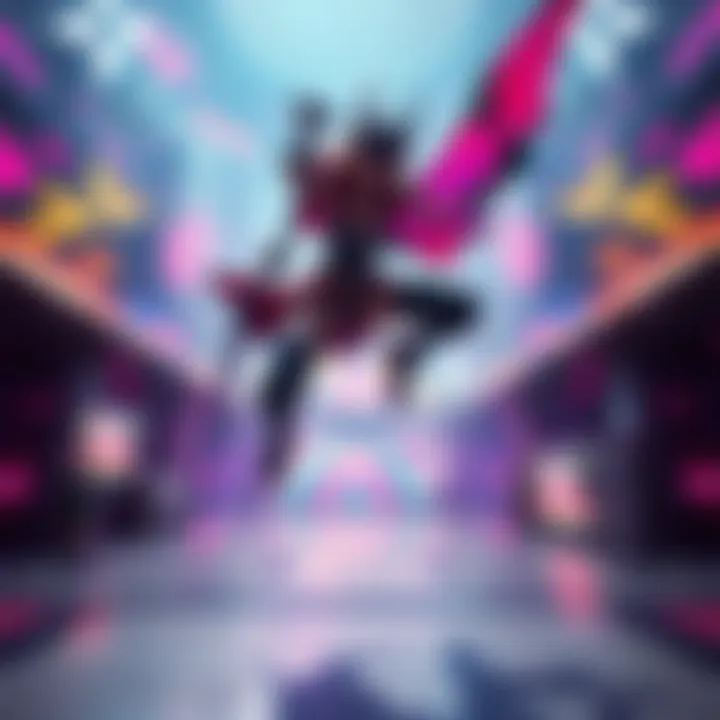 Vendetta leaps in battle A character named Vendetta performs an overhead leap in a vibrant gaming arena, showcasing her agility and power.