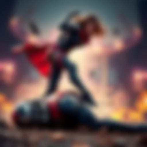 Vendetta triumphantly stands over a defeated Doomfist, showcasing her strength and agility in battle.