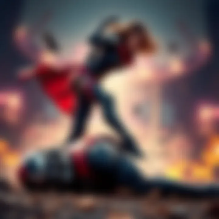 Vendetta triumphantly stands over a defeated Doomfist, showcasing her strength and agility in battle.