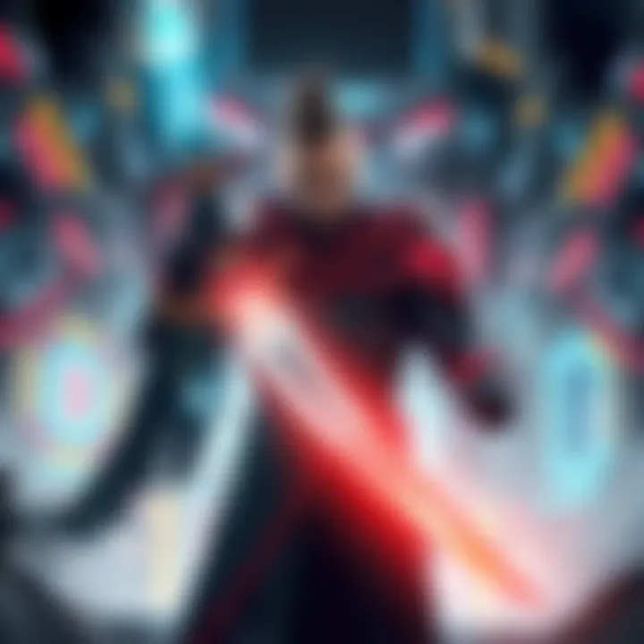 Vendetta Holding the Anima Sword Vendetta stands confidently with the glowing Anima Sword in a futuristic battlefield, surrounded by advanced tech and a determined expression, ready for battle.