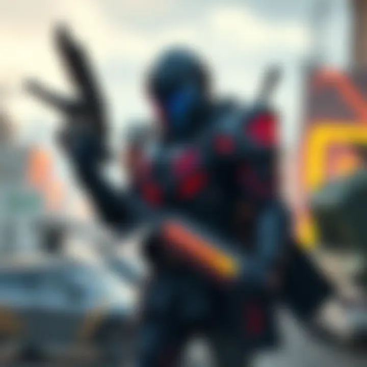 A representation of the Vendetta character in an action pose, showcasing its distinctive armor and weapons, with a background of a futuristic battlefield.