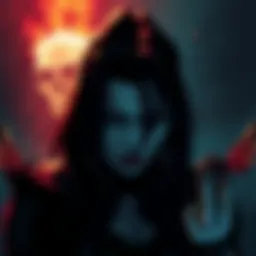 A depiction of Vendetta looking conflicted, with shadows representing her inner struggles against a backdrop of chaos, hinting at her potential downfall.