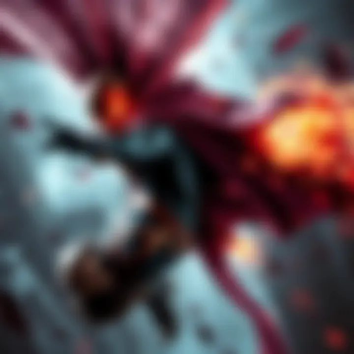 A hero being pulled down by Vendetta's overhead slash, showing struggle against the force