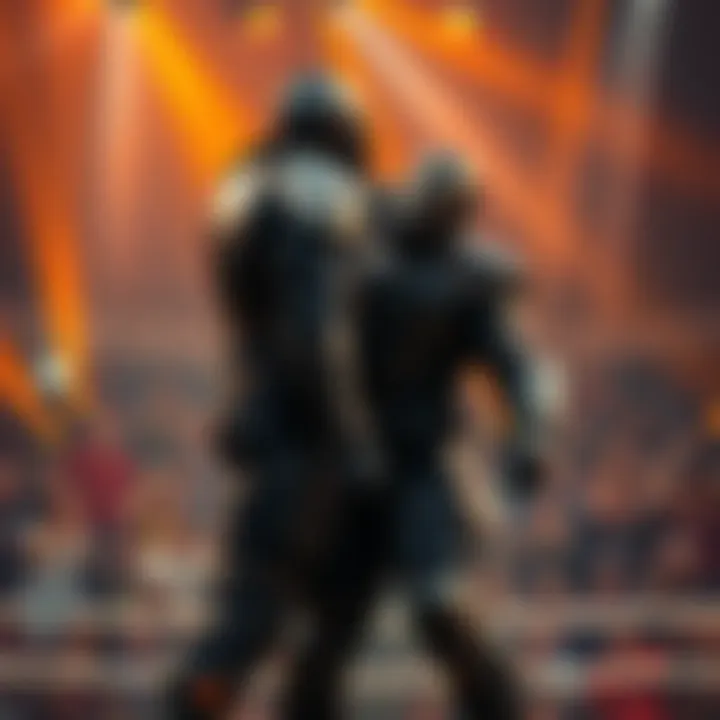 Vendetta stands victorious over Doomfist, who looks surprised and defeated in an arena setting, with fans in the background reacting to the outcome.