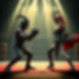 Vendetta vs Junker Queen Vendetta and Junker Queen prepare to fight in an arena, showcasing their unique fighting styles and intense rivalry.