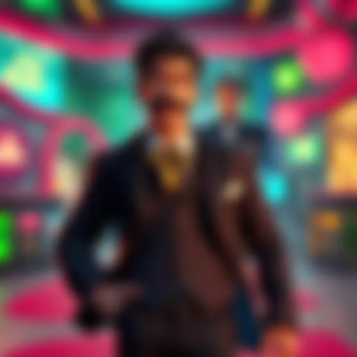 A character named Venigni with an exaggerated Italian accent stands confidently, showcasing his unique style in a vibrant game setting, while contrasting with a quietly observing butler in the background.