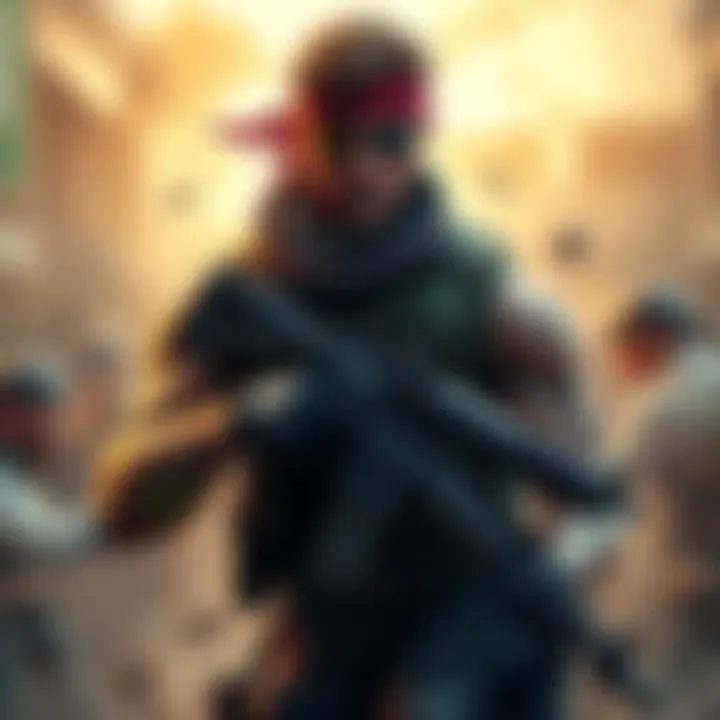 Venom Snake, wearing military gear and a bandana, stands in a tactical pose with a serious expression, holding a weapon.