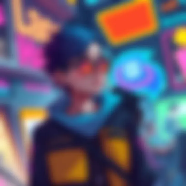 A colorful illustration of Venture, a nonbinary and transgender character, standing confidently in a gaming environment, surrounded by vibrant game elements.