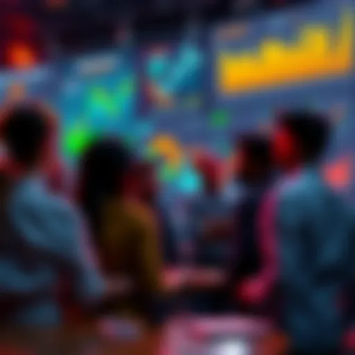 A visual showing a group discussing Venture picks, with charts and graphs in the background that represent market trends and community insights.