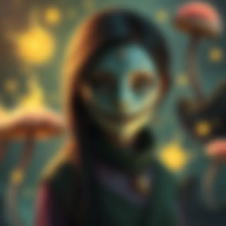 A cheerful young woman wearing a mask, surrounded by glowing mushrooms and spore clouds, hints at her secretive past.