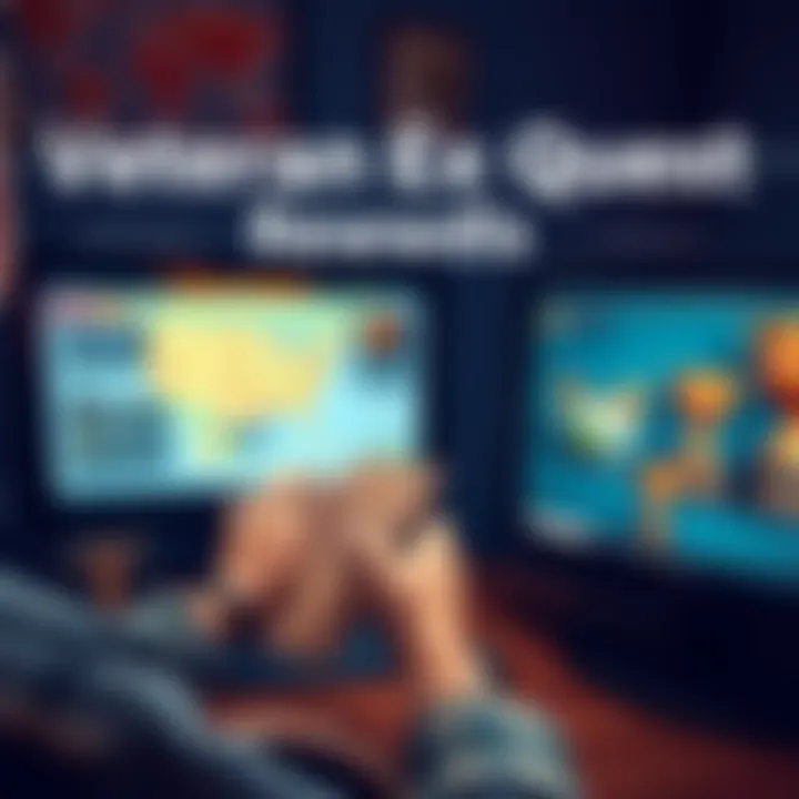 A player examines a map with various quest items and trophies next to a monitor displaying the Veteran Explorer quest screen.