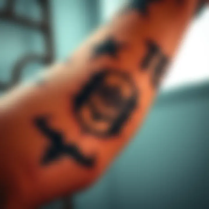 A close up of a veteran's arm featuring a high contrast tattoo of the Halo emblem and veteran difficulty badge.